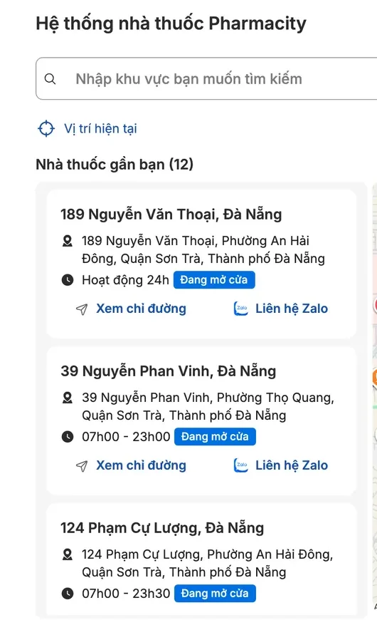 Pharmacity's store finder filtered to Son Tra, Da Nang: the Nguyen Van Thoai branch tagged as open 24 hours, and two nearby branches with their closing times.