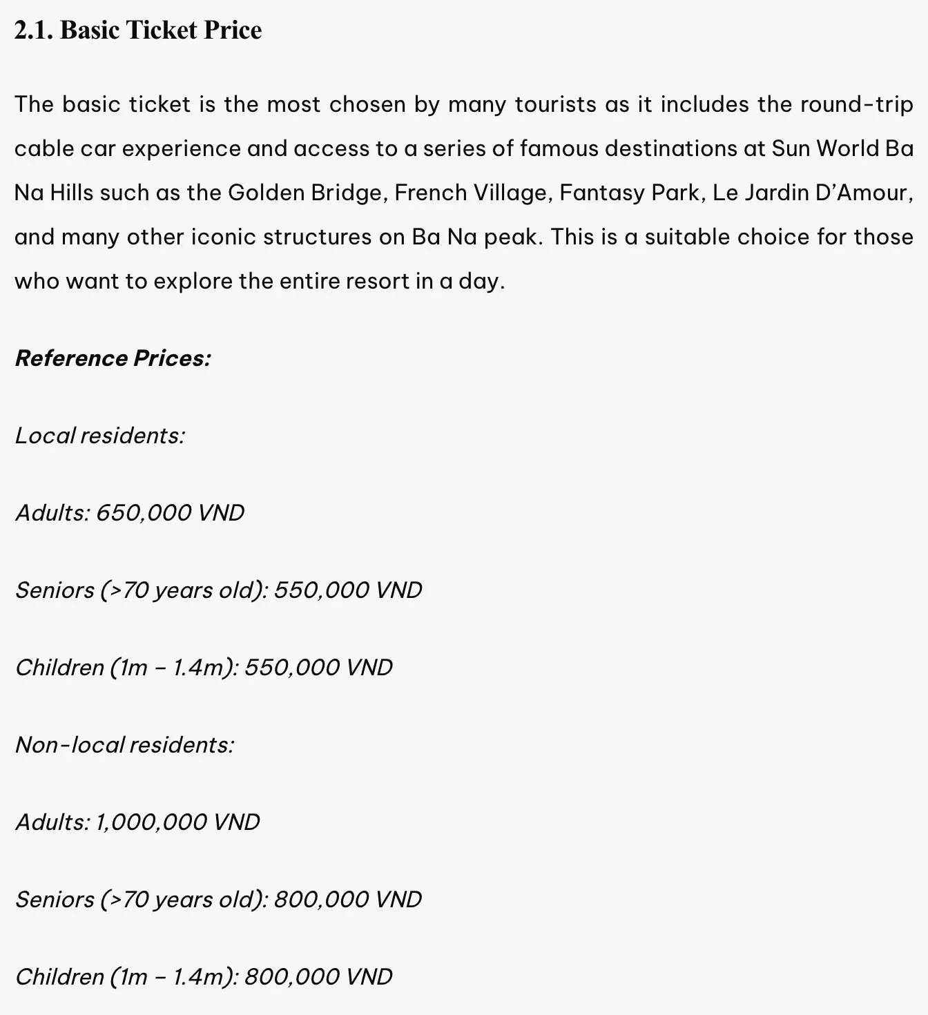 The basic-ticket section of Sun World's price page, listing prices for local and non-local residents by adult, senior and child.