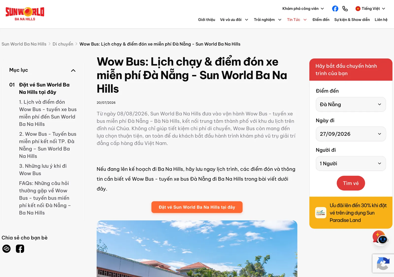 Sun World's Vietnamese page announcing Wow Bus, a free bus between Da Nang and Ba Na Hills.