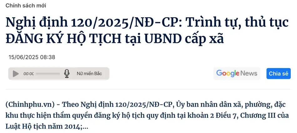 Government policy portal article headed "Decree 120/2025/NĐ-CP: civil-status registration procedure at the commune-level People's Committee", with a lede saying commune, ward and special-zone People's Committees take over the registration powers in Chapter III of the Civil Status Law.
