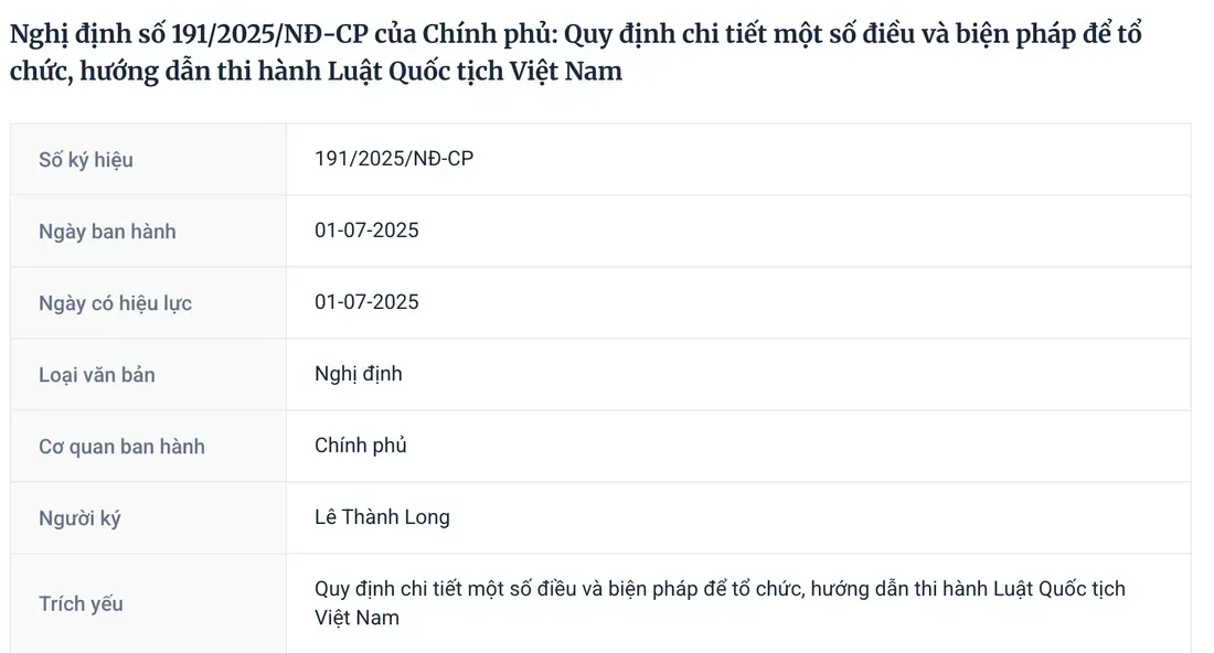 Government legal-documents portal record for Decree 191/2025/NĐ-CP guiding the Law on Vietnamese Nationality, listing its number, issue and effective dates, issuing body and signer.