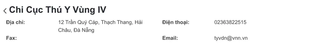 Contact block for Chi Cục Thú Y Vùng IV on the Department of Animal Health website, listing an address in Hải Châu, Đà Nẵng, a phone number and an email address.