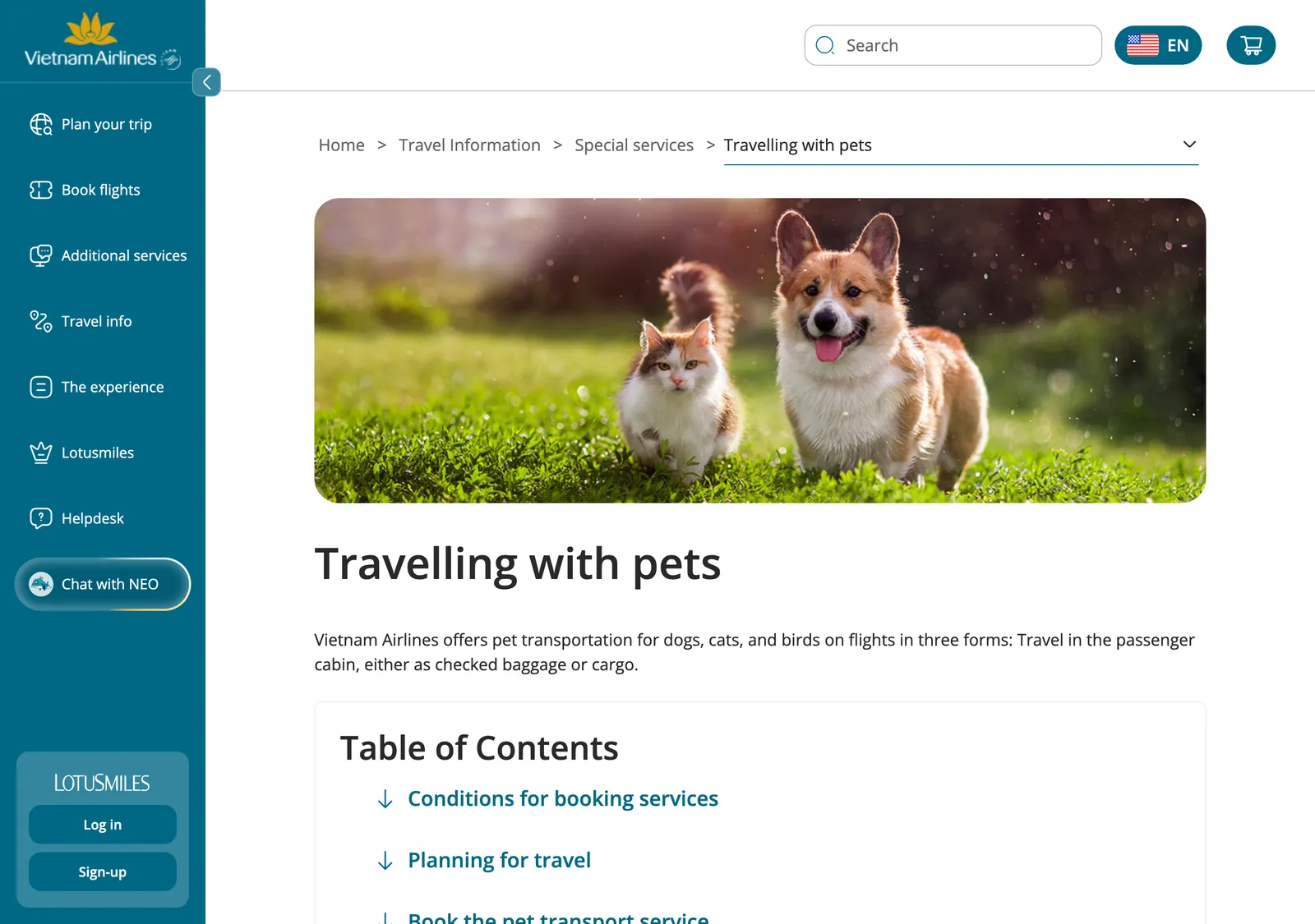 Vietnam Airlines 'Travelling with pets' page with a photo of a corgi and a cat, stating the airline carries dogs, cats and birds in the passenger cabin, as checked baggage or as cargo.