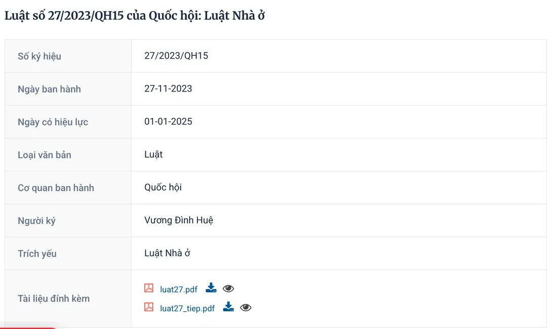 Government portal record for Law 27/2023/QH15, the Law on Housing: a table listing its number, issue date, effective date, type (law), issuing body (National Assembly), signer and attached PDF files.
