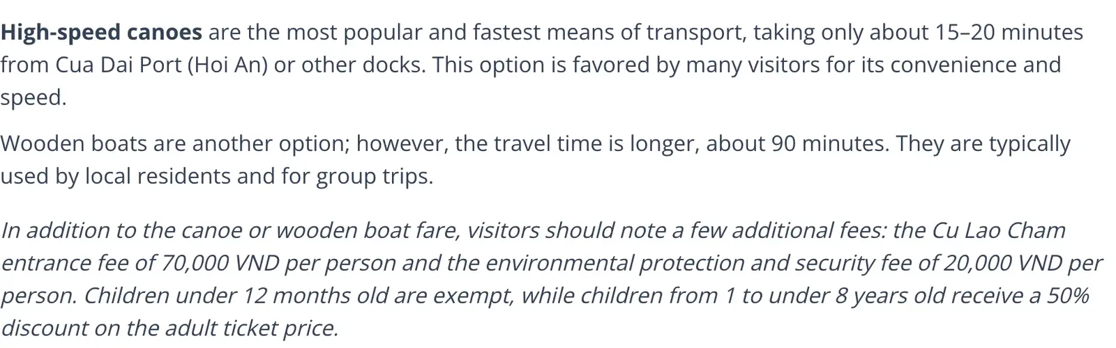 The Da Nang tourism portal's transport section for the Cham Islands: high-speed canoe or wooden boat from Cua Dai Port, plus the entrance fee and the environment and security fee per person.