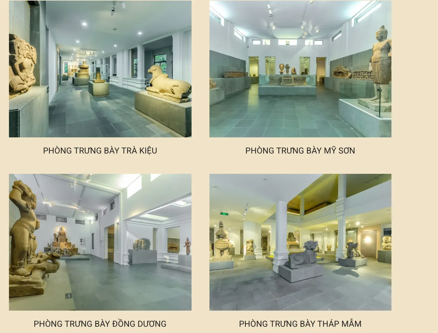 Photos of four of the museum's galleries — Trà Kiệu, Mỹ Sơn, Đồng Dương and Tháp Mẫm — each with sandstone sculptures on plinths.