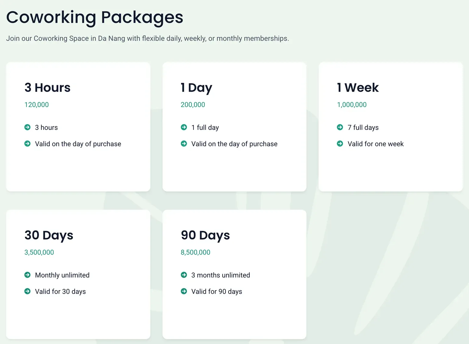 ACE Coworking's package cards: 3 hours 120,000, 1 day 200,000, 1 week 1,000,000, 30 days 3,500,000, 90 days 8,500,000, shown with no currency.