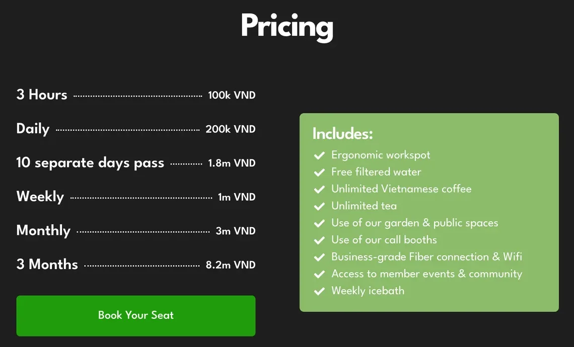Coworking Danang's price list: 3 hours 100k VND, daily 200k VND, 10 separate days 1.8m VND, weekly 1m VND, monthly 3m VND, 3 months 8.2m VND, with a list of what is included.