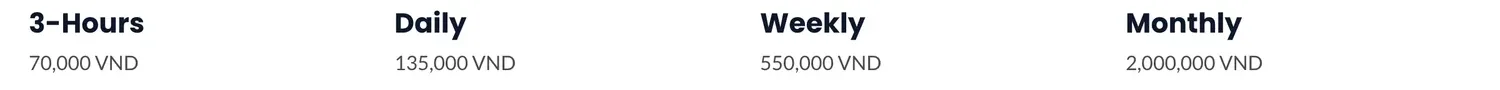 Seaview Coworking Danang's package prices: 3 hours 70,000 VND, daily 135,000 VND, weekly 550,000 VND, monthly 2,000,000 VND.