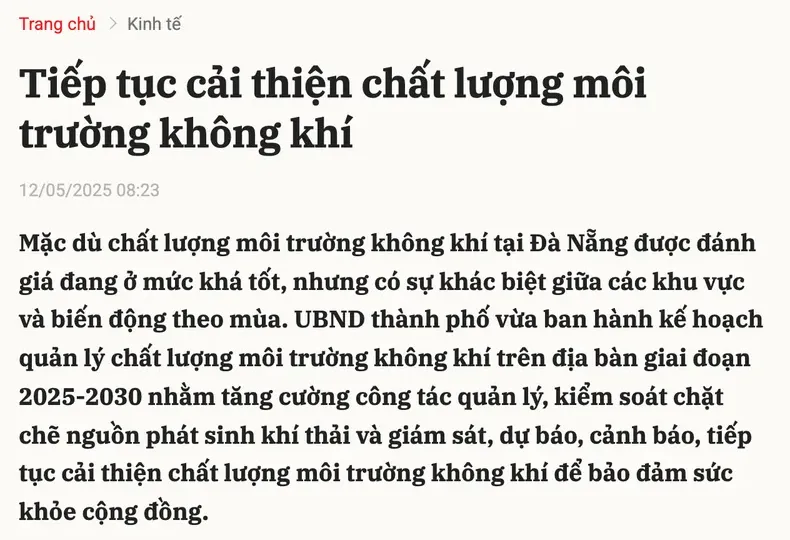Báo Đà Nẵng article headlined 'Tiếp tục cải thiện chất lượng môi trường không khí', with its lead paragraph on the city's air-quality management plan.