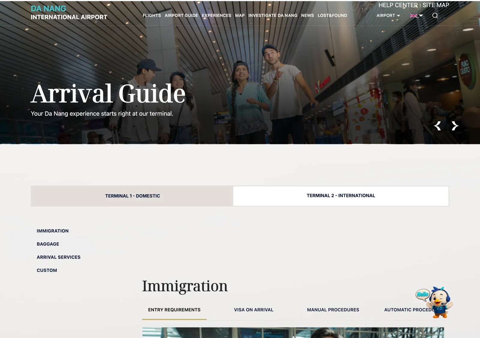 The Da Nang International Airport Terminal 2 Arrival Guide page, showing the entry requirements and the immigration steps for international arrivals