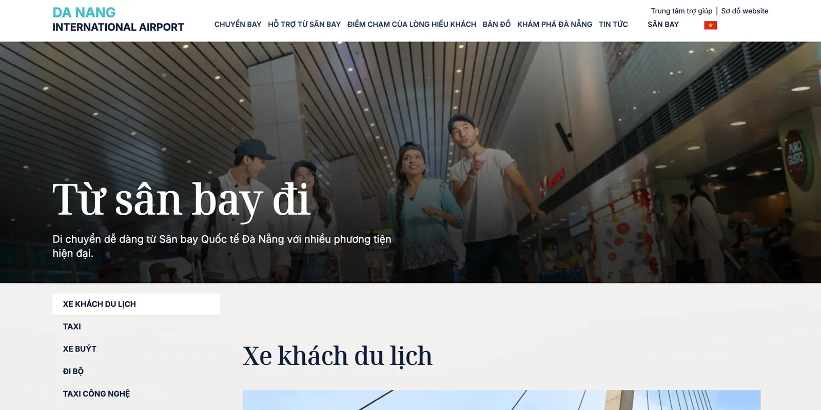 Da Nang International Airport's 'From the airport' page, with tabs for tour coach, taxi, bus, walking and ride-hailing.