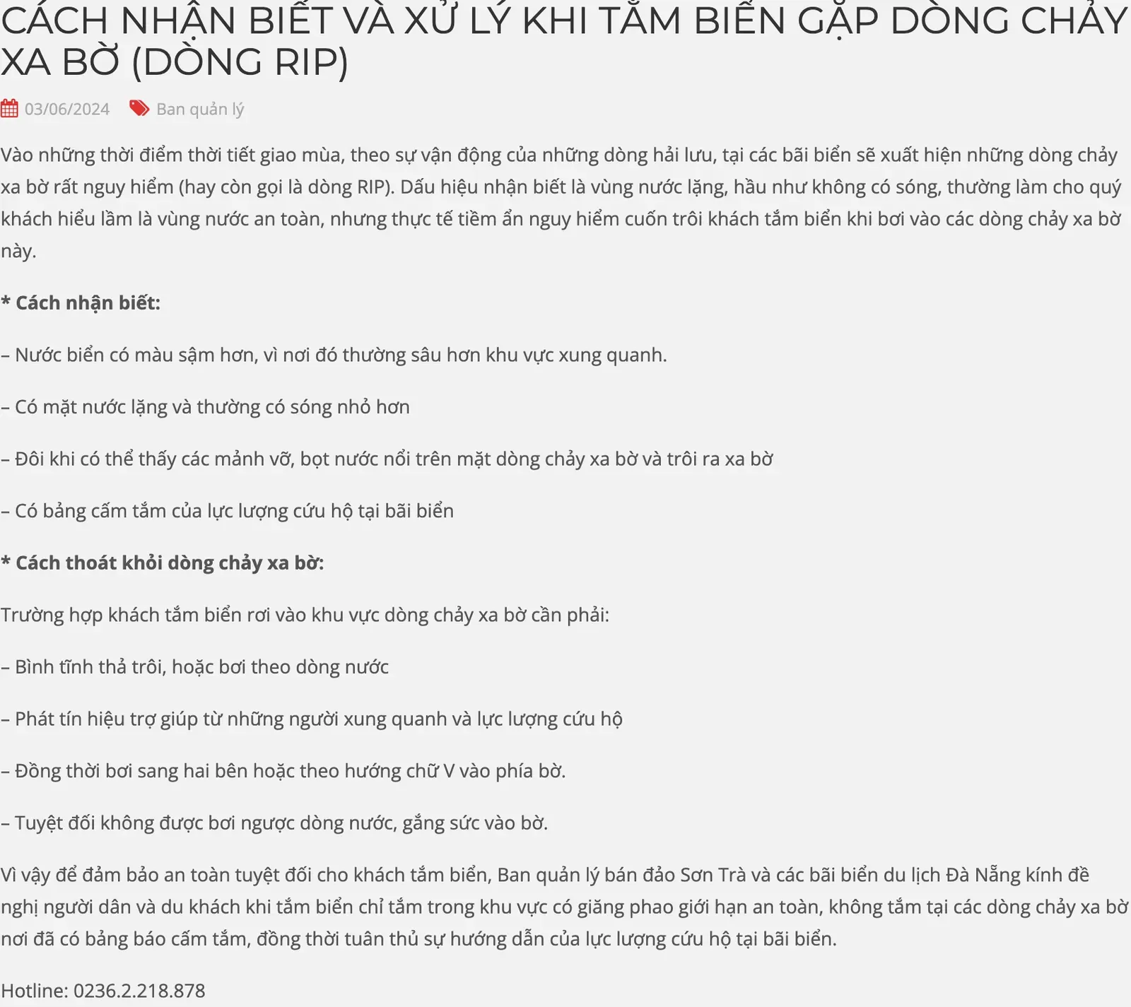 The beach management board's web page 'Cách nhận biết và xử lý khi tắm biển gặp dòng chảy xa bờ (dòng RIP)', listing the signs of a rip current and how to escape one.