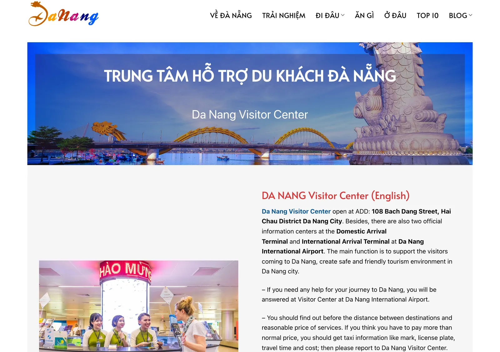 Da Nang tourism website page for the Da Nang Visitor Center, giving its address on Bach Dang Street and mentioning information desks at the airport arrival terminals.
