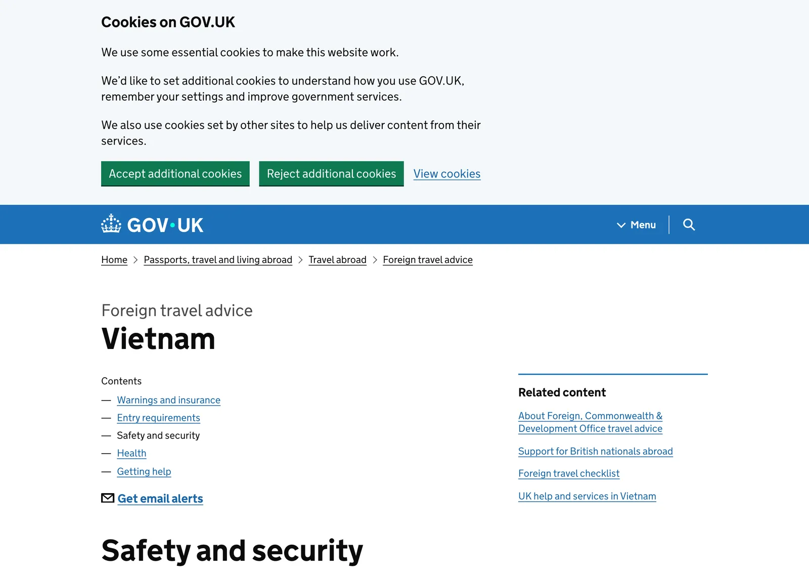 The UK government travel advice page for Vietnam, safety and security section, covering crime, bag-snatching, taxis and road travel.