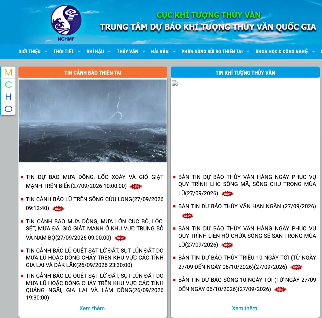 Home page of nchmf.gov.vn, the National Centre for Hydro-Meteorological Forecasting, with its 'Tin cảnh báo thiên tai' (disaster warnings) column listing the latest dated bulletins.
