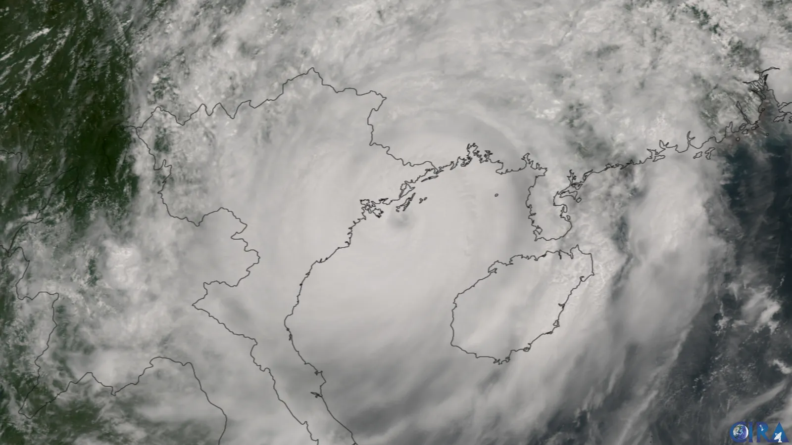 Satellite image of Typhoon Yagi, a large spiral of cloud, coming ashore over northern Vietnam and the Gulf of Tonkin.