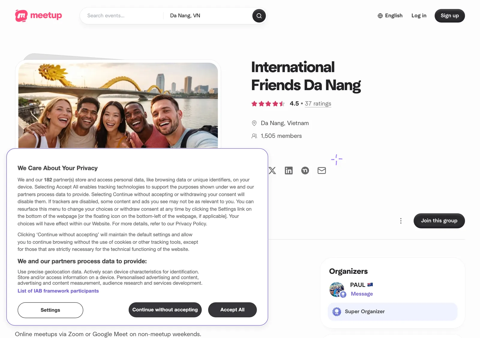Meetup의 International Friends Da Nang 그룹 페이지로, 소개글과 회원 수가 보여요.