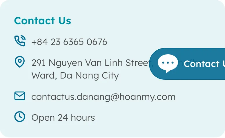 Hoan My Da Nang's English contact block: phone +84 23 6365 0676, 291 Nguyen Van Linh Street, an email address and the line "Open 24 hours".