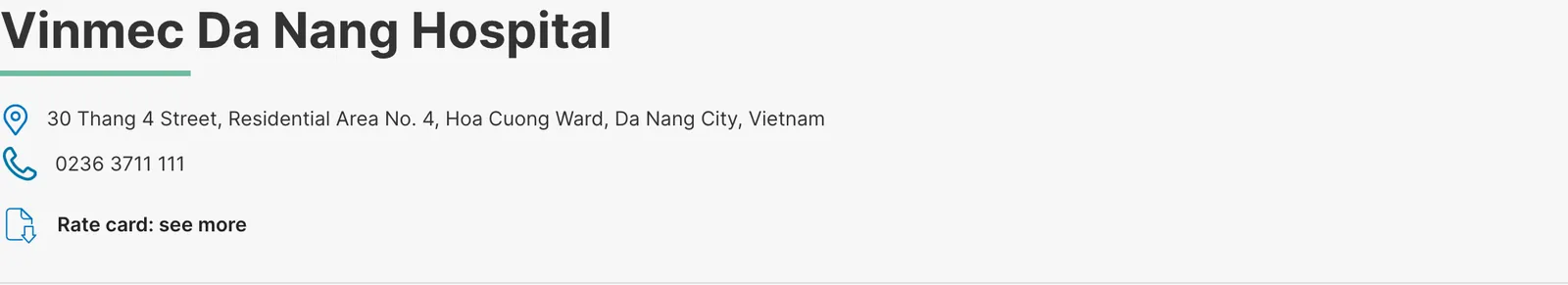 Vinmec's page for Vinmec Da Nang Hospital showing its address on 30 Thang 4 Street, Hoa Cuong Ward, and its phone number.