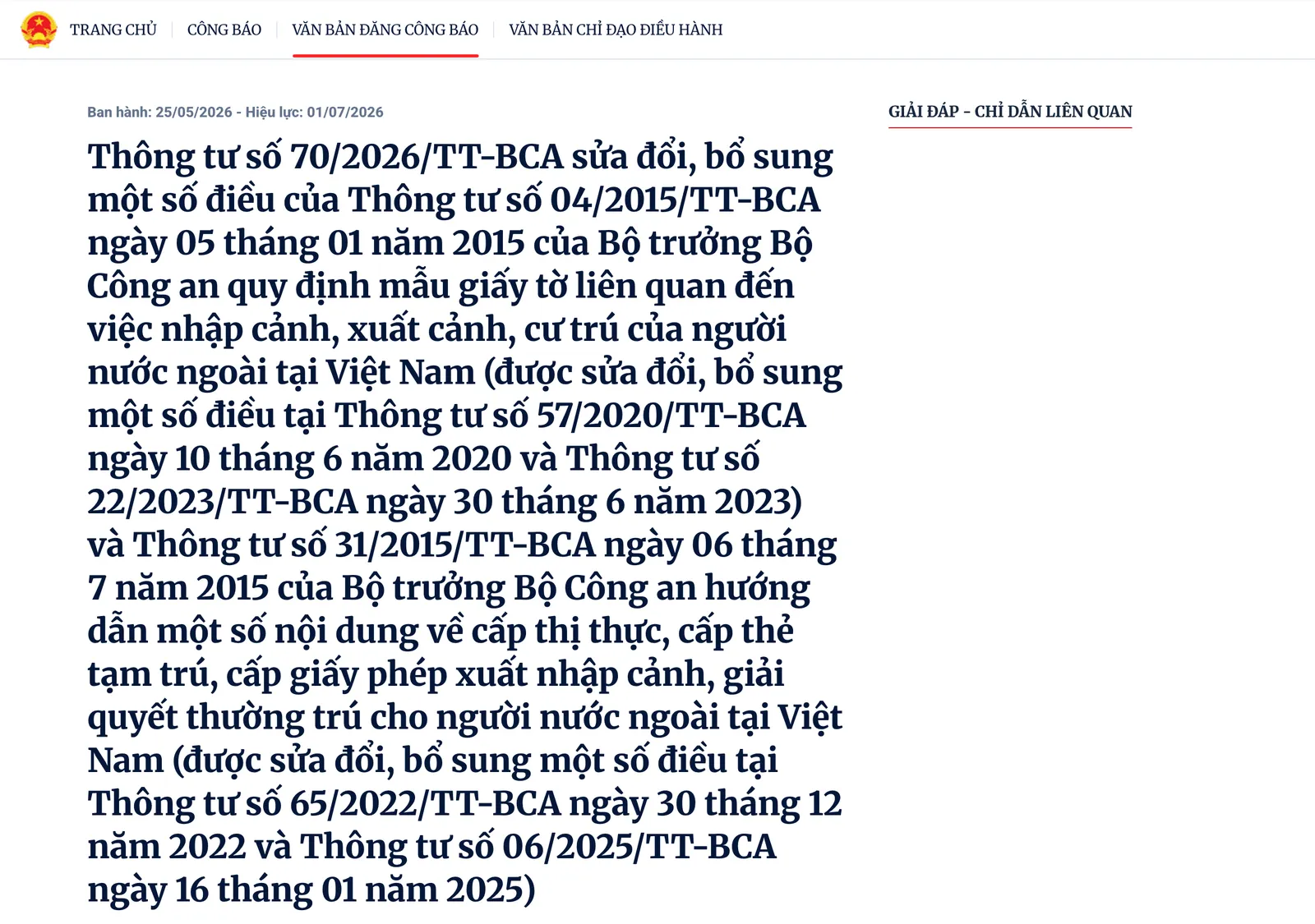 Screenshot of the Official Gazette listing page for Circular 70/2026/TT-BCA, showing its title, issue date 25/05/2026 and effective date 01/07/2026.