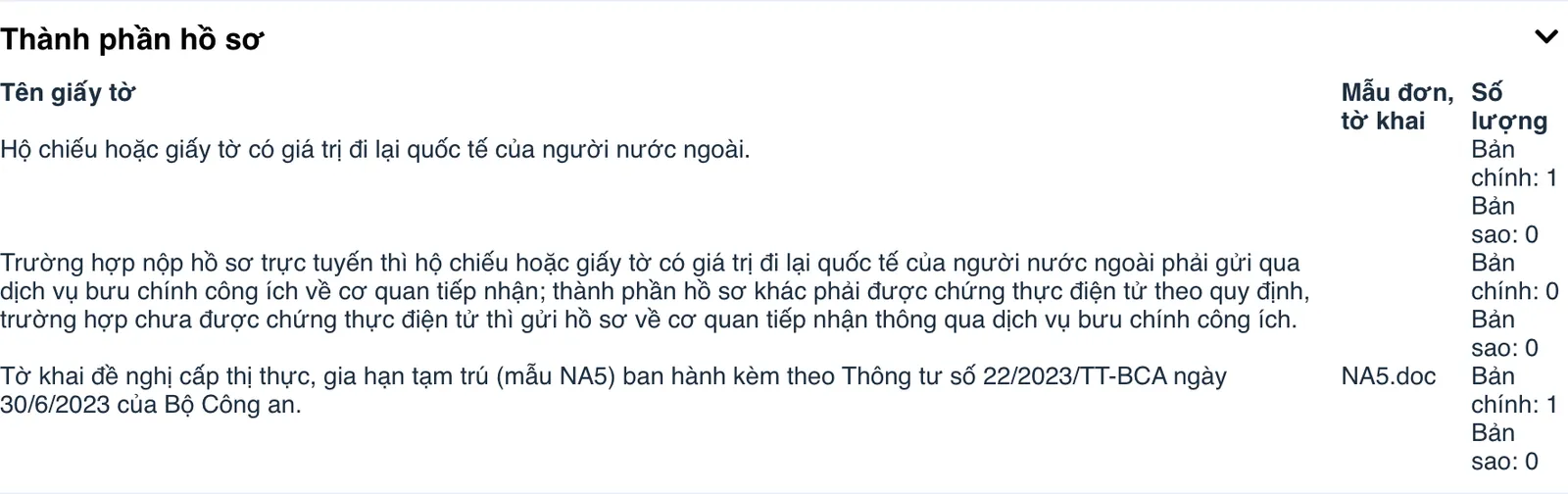 Screenshot of the dossier panel (Thành phần hồ sơ) for procedure 1.001146 on the Ministry of Public Security's public service portal: the passport, a note on online filing, and the NA5 declaration form, described as issued with Circular 22/2023/TT-BCA.