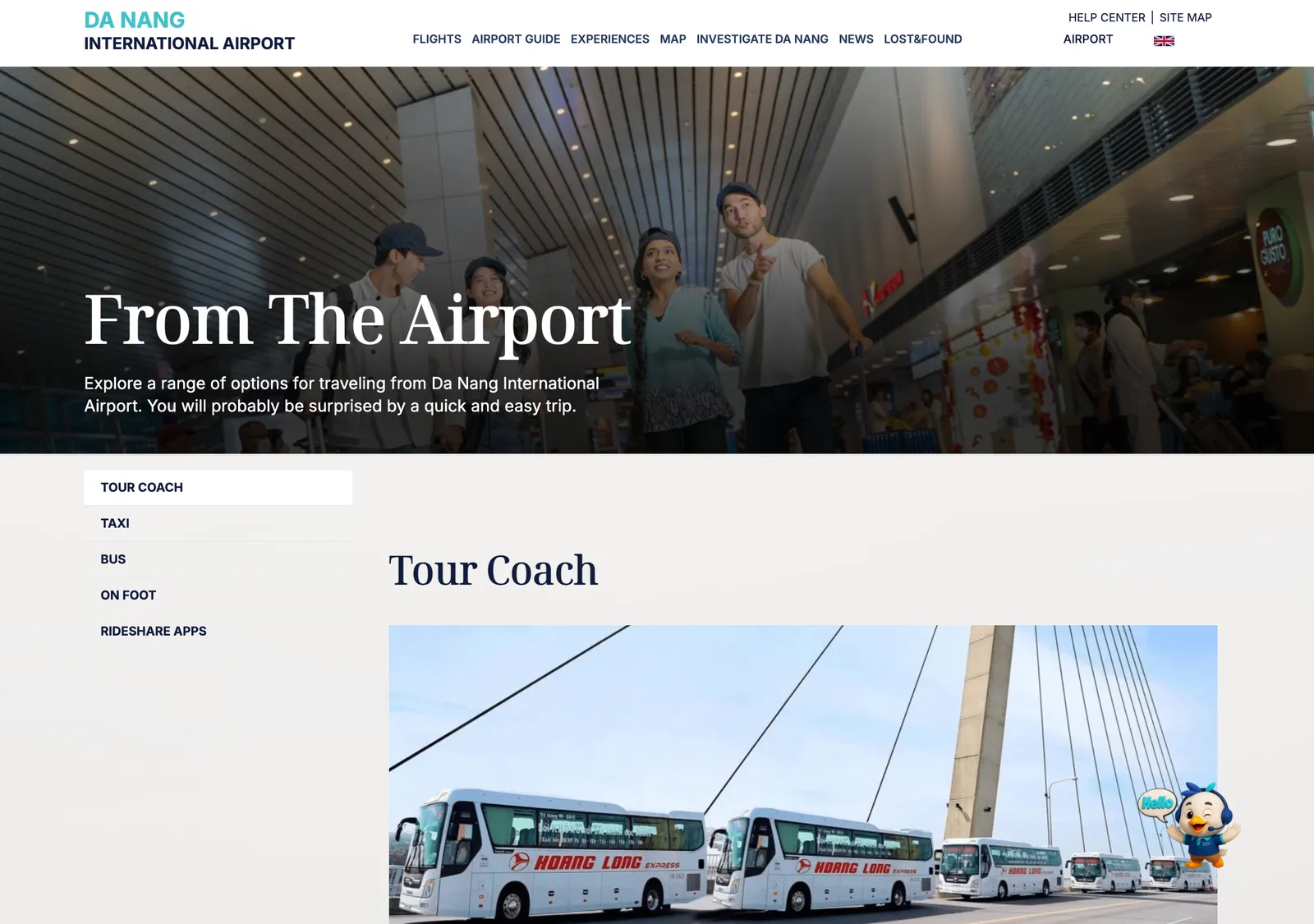 Da Nang airport page listing taxi, ride-hailing and bus pickup points and fares