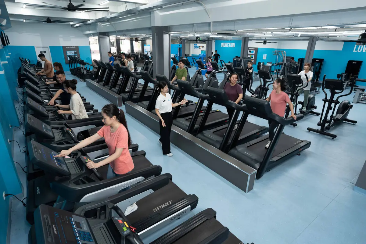 Rows of treadmills facing a bright blue and white gym floor