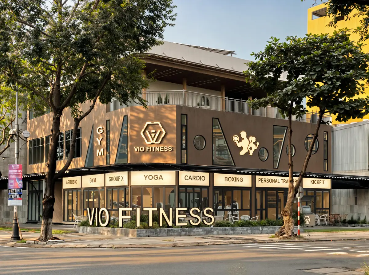 Two-storey gym building with trees in front and a large VIO Fitness sign
