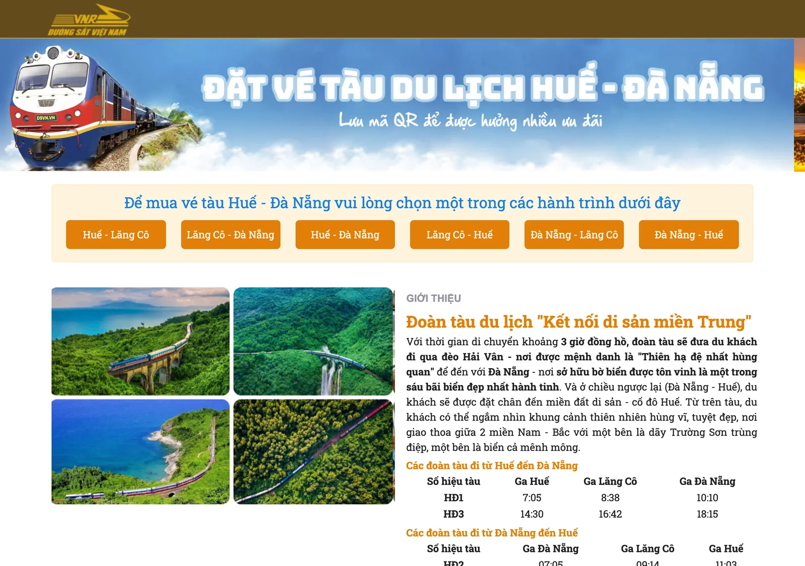 Vietnam Railways' page for the 'Kết nối di sản miền Trung' tourist train, with a timetable from Huế via Lăng Cô to Đà Nẵng.