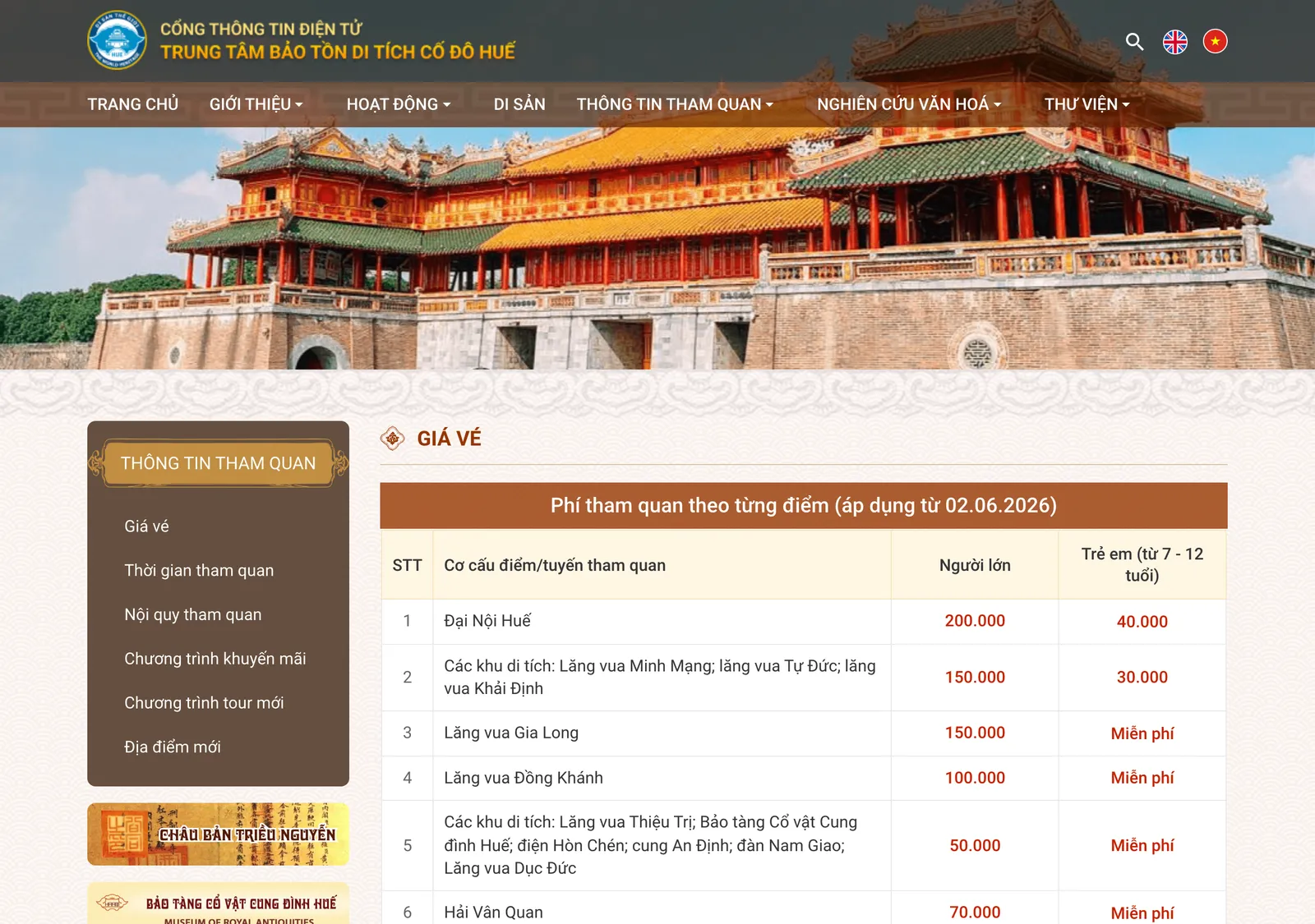 The Huế Monuments Conservation Centre's ticket-price table, with a row for each site and columns for adults and children, including a row for Hải Vân Quan.