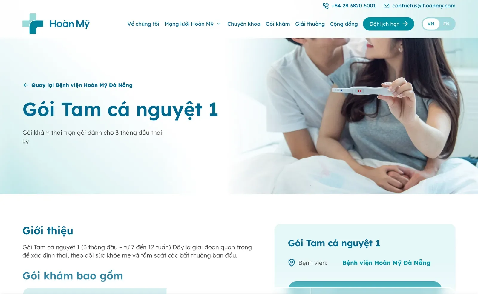 Hoan My's page in Vietnamese for its first-trimester antenatal package, with the hospital field naming Hoan My Da Nang Hospital.