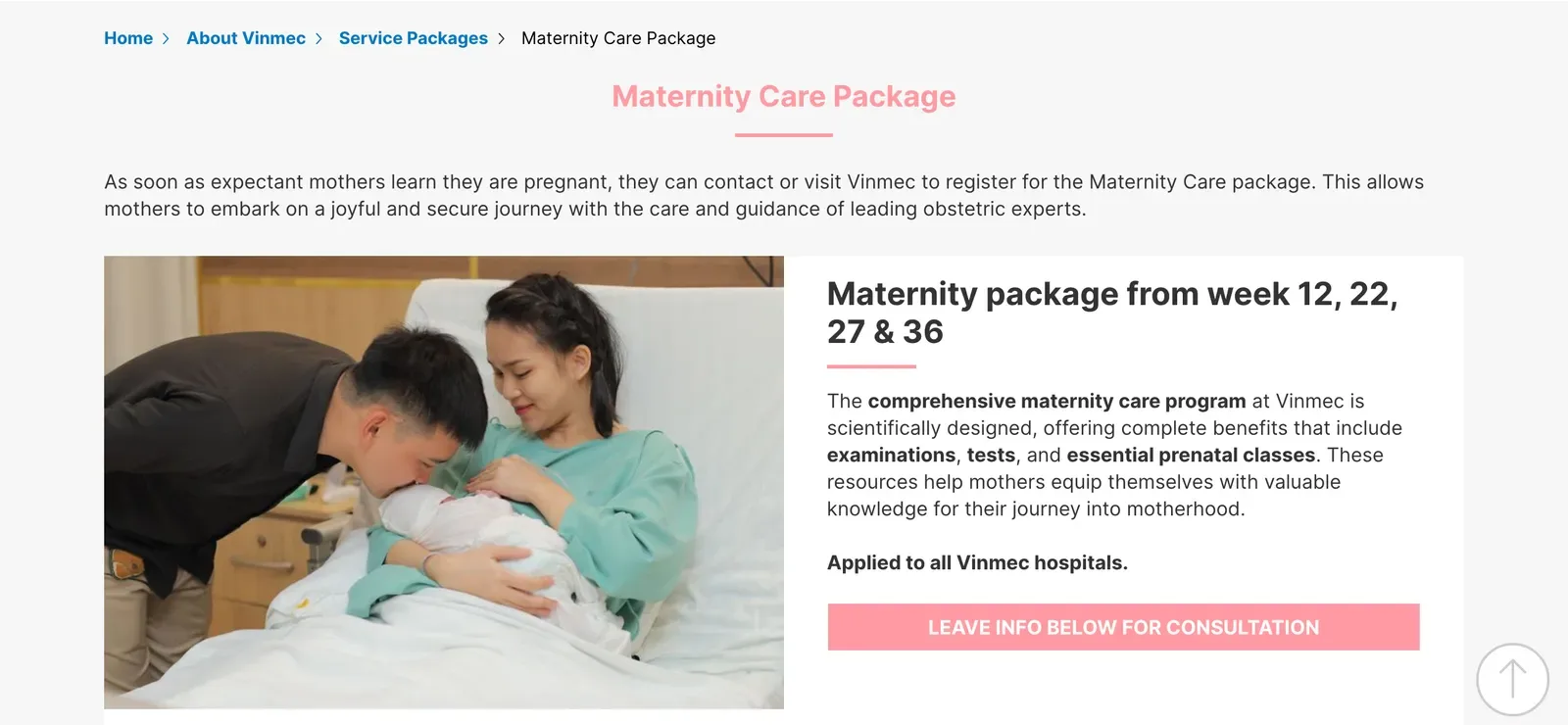 Vinmec's English Maternity Care Package page: the week 12, 22, 27 and 36 packages, marked as applied to all Vinmec hospitals, above the separate delivery package.