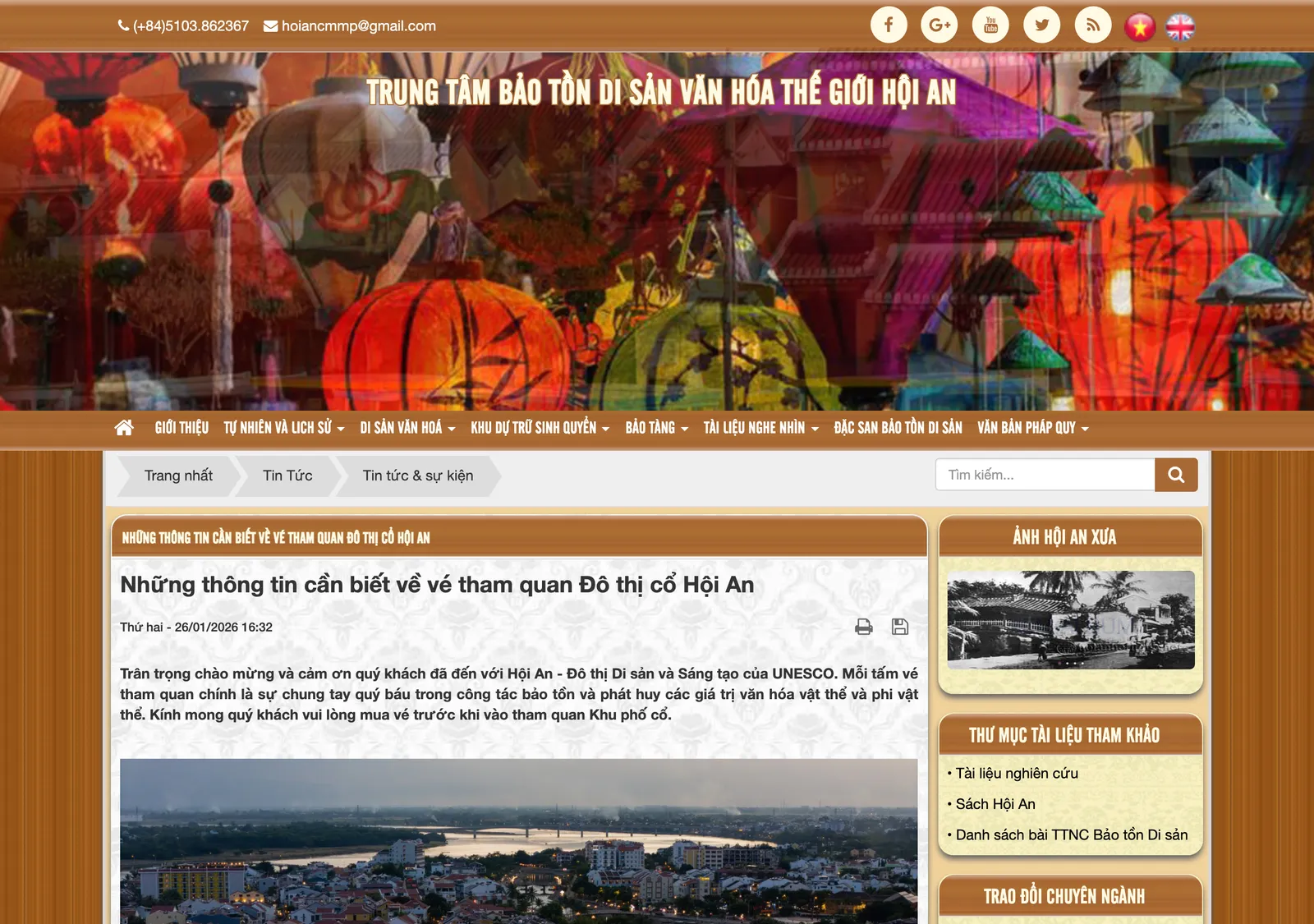 The Hội An heritage centre's web page titled 'Những thông tin cần biết về vé tham quan Đô thị cổ Hội An'.