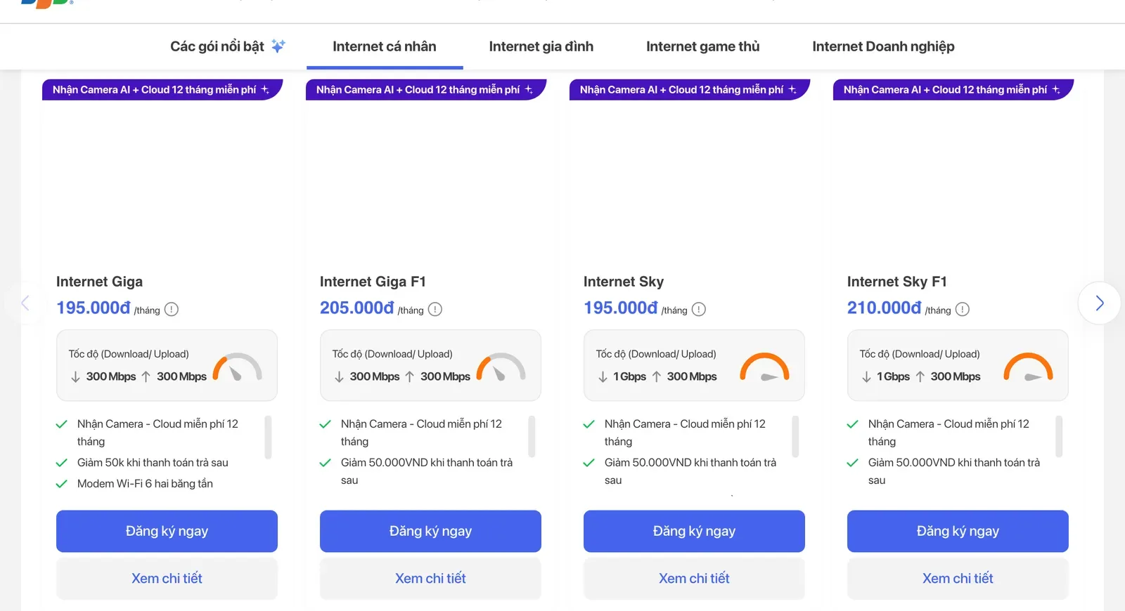 FPT Telecom's personal internet page with plan cards for Internet Giga, Giga F1, Sky and Sky F1, each showing a monthly price and download/upload speed.