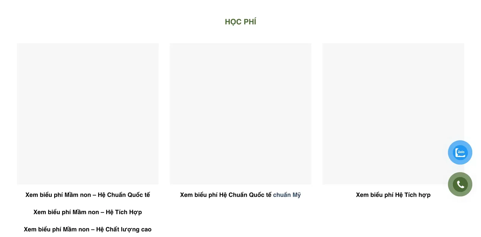 St. Nicholas School's Học phí (tuition) page with links to its fee sheets for kindergarten, the American-standard international programme and the integrated programme.