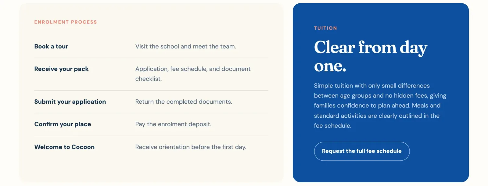 Cocoon Montessori's enrolment steps (book a tour, receive the pack, submit the application, confirm the place, orientation) next to a box offering the full fee schedule on request.