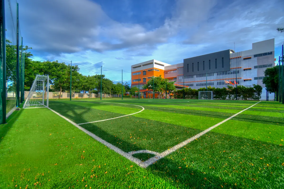 학교 건물을 뒤로 둔 빈 인조잔디 축구장