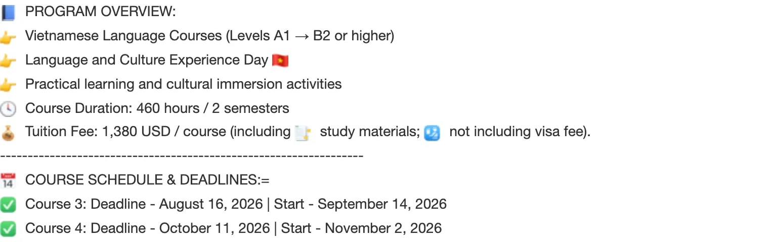 University of Science and Education announcement for Vietnamese Language Courses: levels A1 to B2 or higher, 460 hours over 2 semesters, tuition 1,380 USD per course including study materials, and the Course 3 and Course 4 deadlines and start dates.