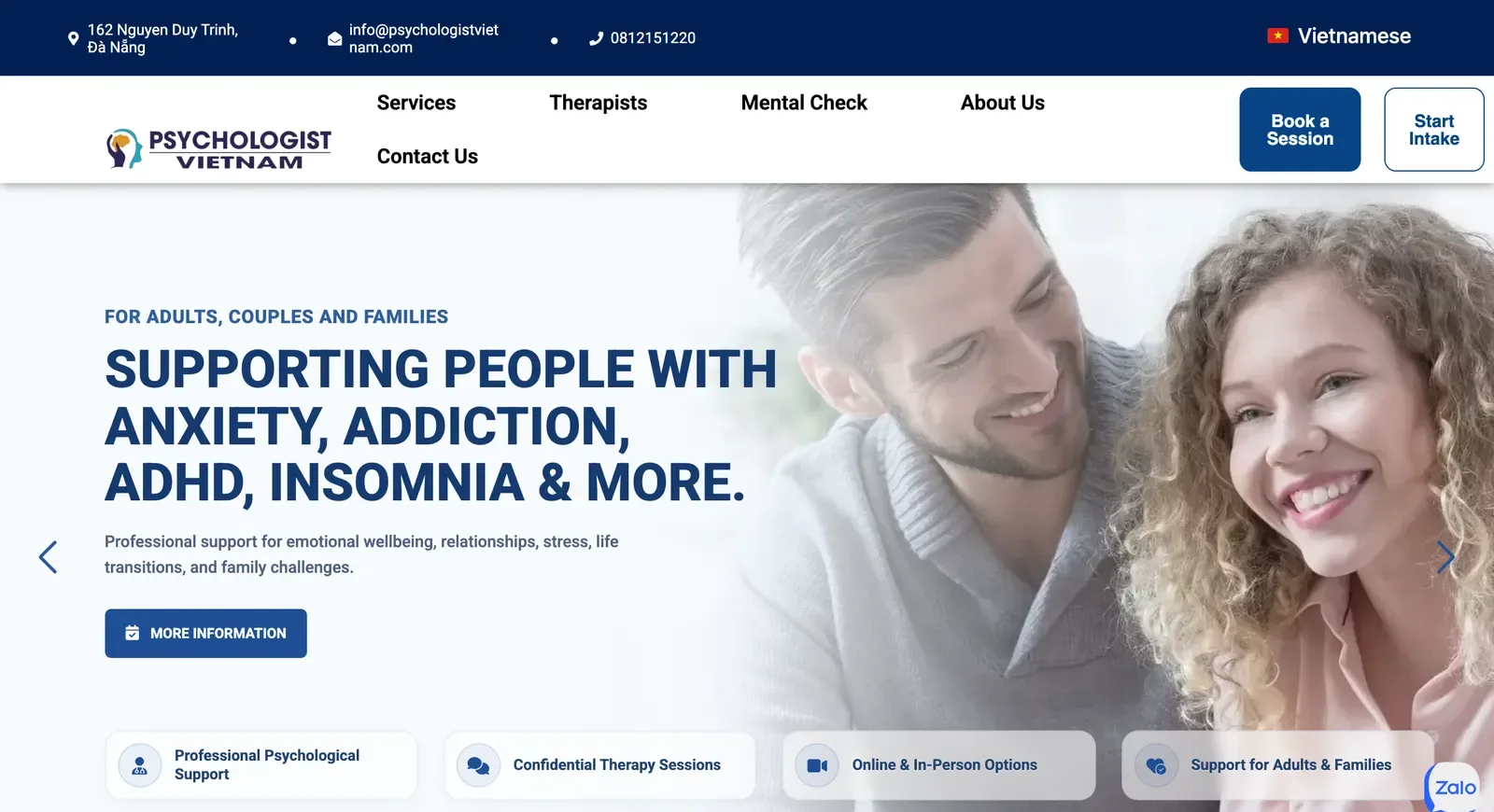 Psychologist Vietnam's homepage: its Da Nang address and hotline at the top, a banner for adults, couples and families, and tiles for confidential therapy and online and in-person options.