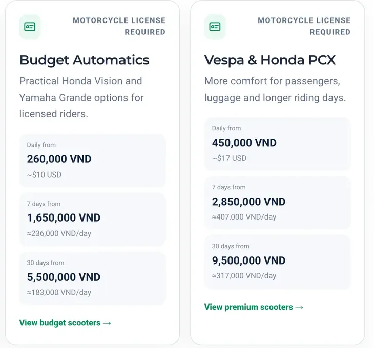 DanangBike's rate cards for the Honda Vision and Yamaha Grande (daily from VND 260,000, 30 days from VND 5,500,000) and Vespa and Honda PCX scooters (daily from VND 450,000).