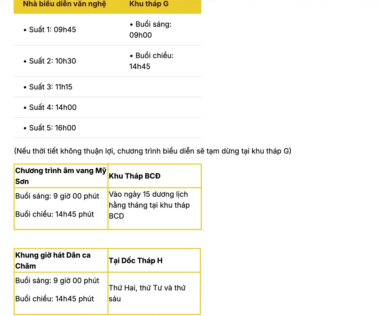 Show-time tables from the management board: five shows a day at the Performance House, two at Tower Group G, the monthly Echoes of My Son show in the BCD area and Cham folk singing at Tower H.