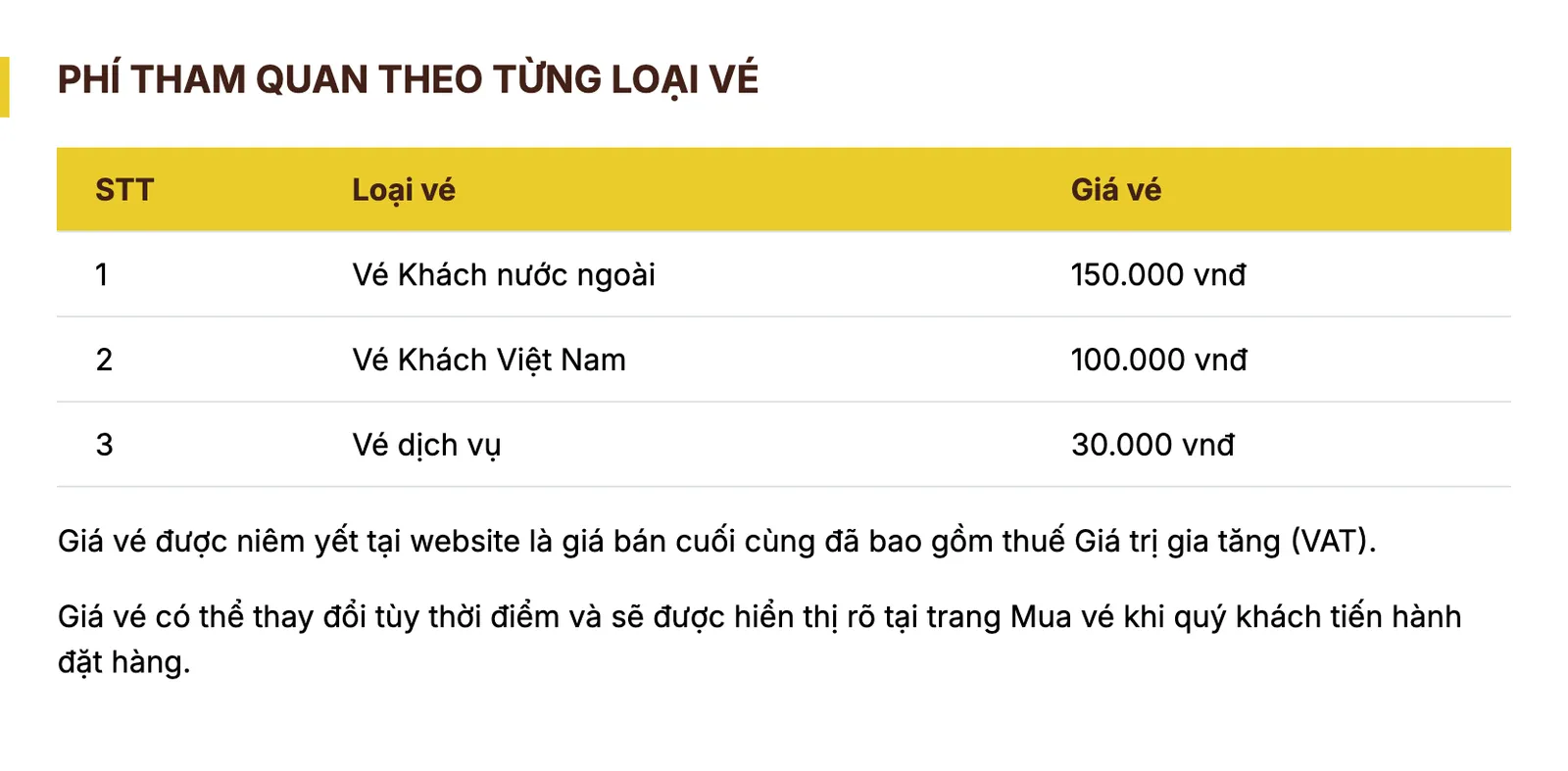 The management board's ticket price table: foreign visitor ticket VND 150,000, Vietnamese visitor ticket VND 100,000, service ticket VND 30,000.