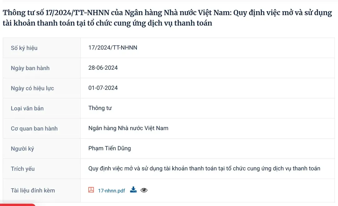 Government portal record for Circular 17/2024/TT-NHNN of the State Bank of Vietnam on opening and using payment accounts, with its number, issue date, effective date, document type, issuing body, signer and an attached PDF