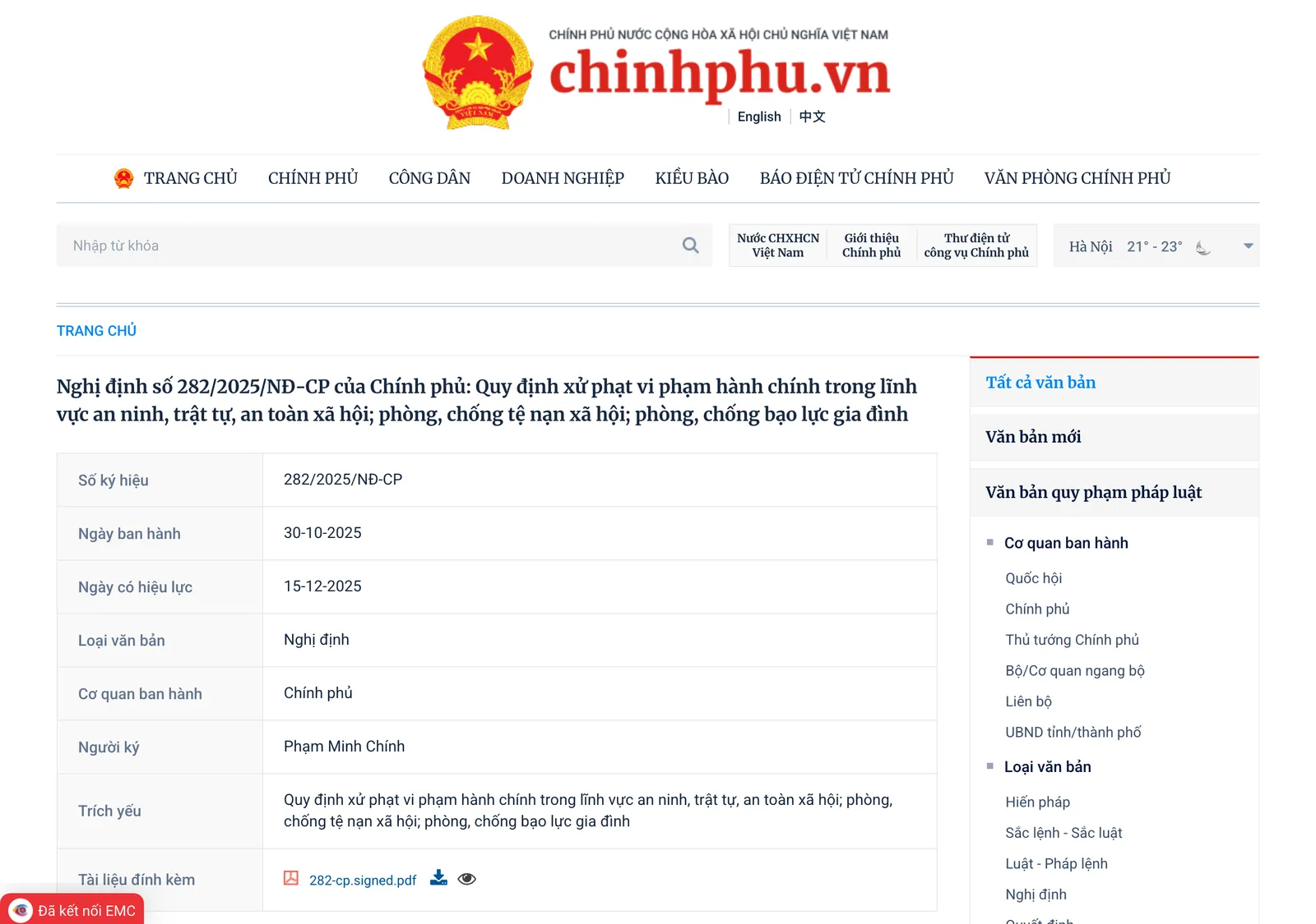 Government portal page for Decree 282/2025/NĐ-CP on administrative fines in security, order and social safety, the decree that sets the fines for foreigners who do not carry or present papers and for accommodation that does not declare guests