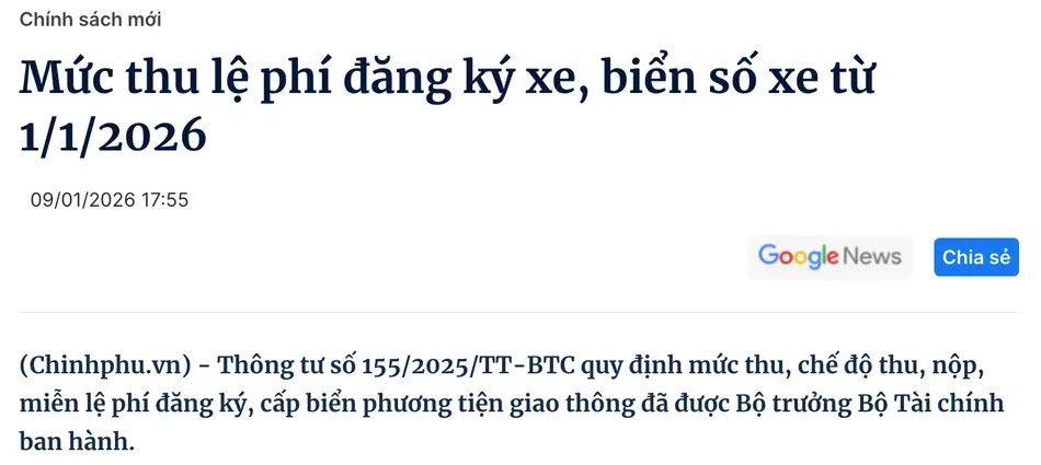 Government policy portal article on the new vehicle registration and licence-plate fees, with a lede naming the Ministry of Finance circular that sets them.
