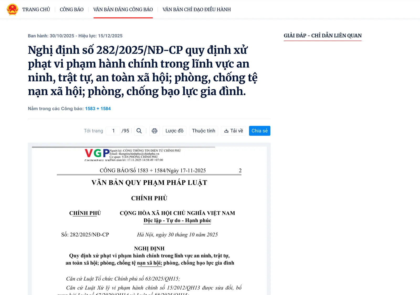 Official Gazette page for Decree 282/2025/NĐ-CP on administrative penalties for security and public order, first page of the signed text