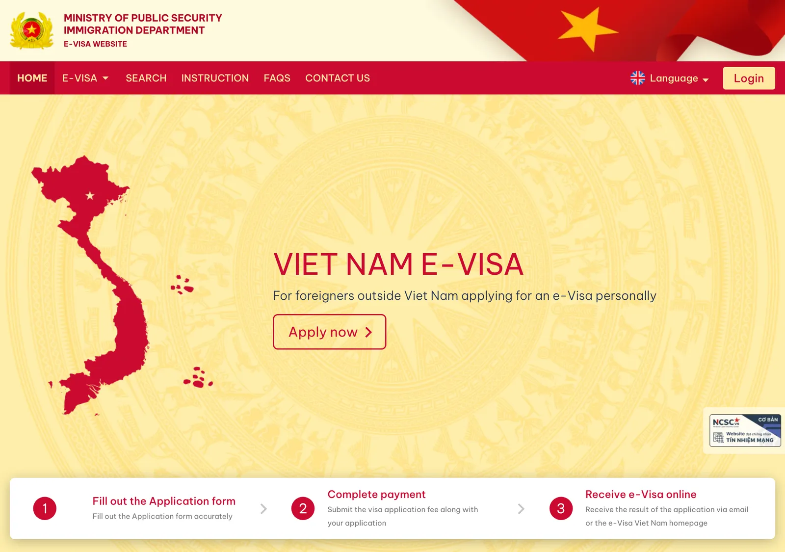 Home page of Vietnam's official e-visa website, run by the Immigration Department of the Ministry of Public Security, with an Apply now button and three steps: fill out the form, pay, receive the e-visa