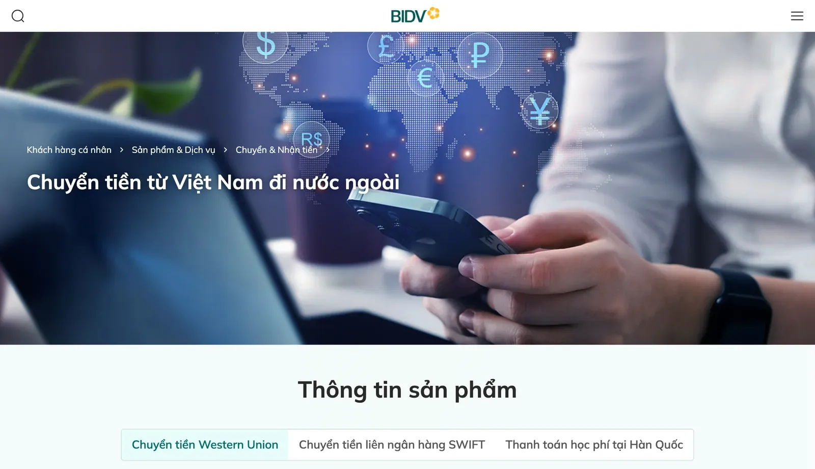 BIDV's personal-banking page titled 'Chuyen tien tu Viet Nam di nuoc ngoai', with tabs for Western Union, SWIFT transfers and tuition payments in Korea.