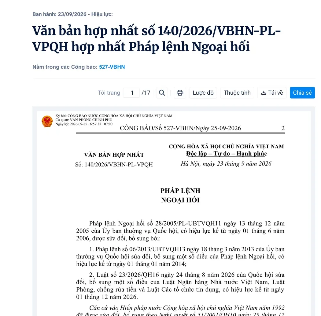 Official Gazette page with the consolidated text of Vietnam's Foreign Exchange Ordinance, showing its first page and the list of amending texts.